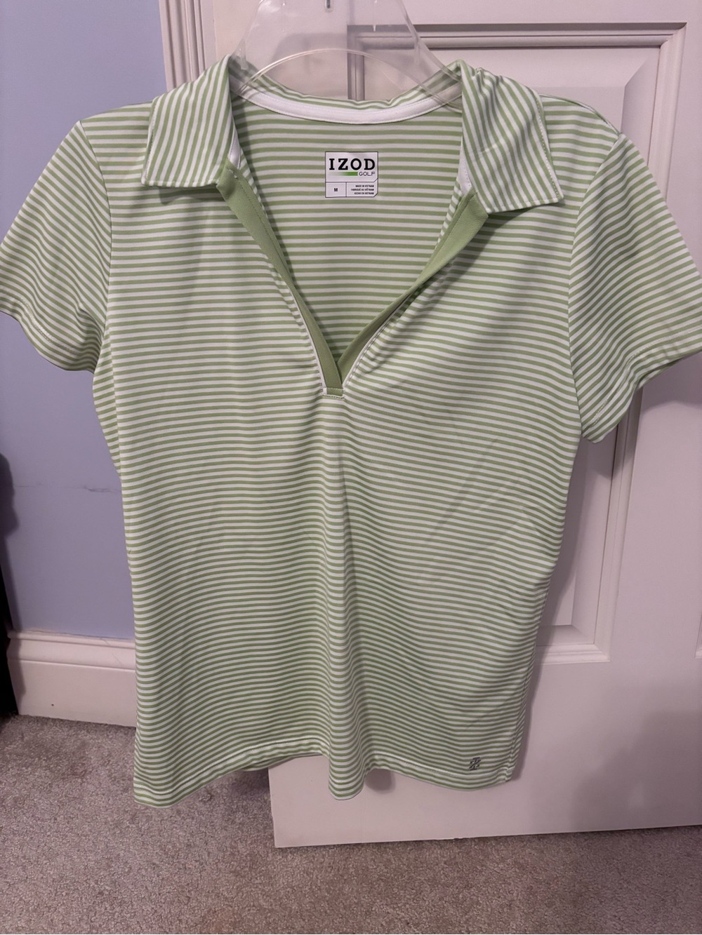 Izod Women’s Light Green & White Striped Polo Zip Top